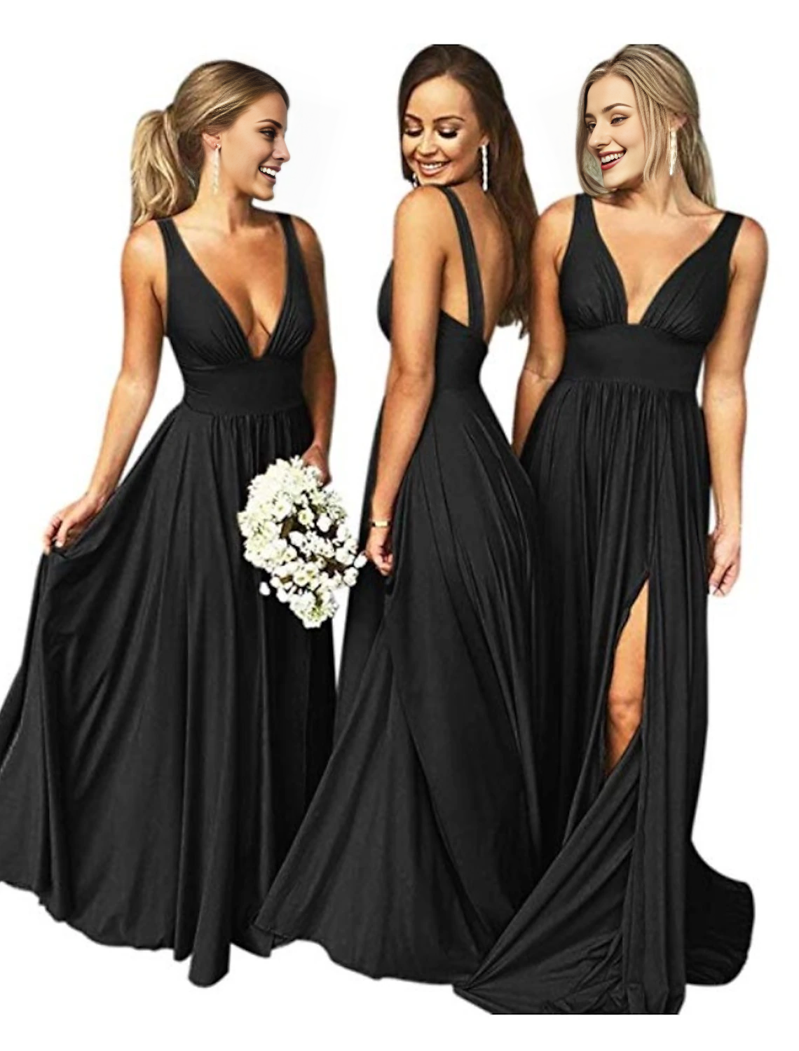 Abito da damigella d'onore a trapezio, scollo profondo, senza maniche, lunghezza pavimento, in chiffon con pieghe / spacco frontale